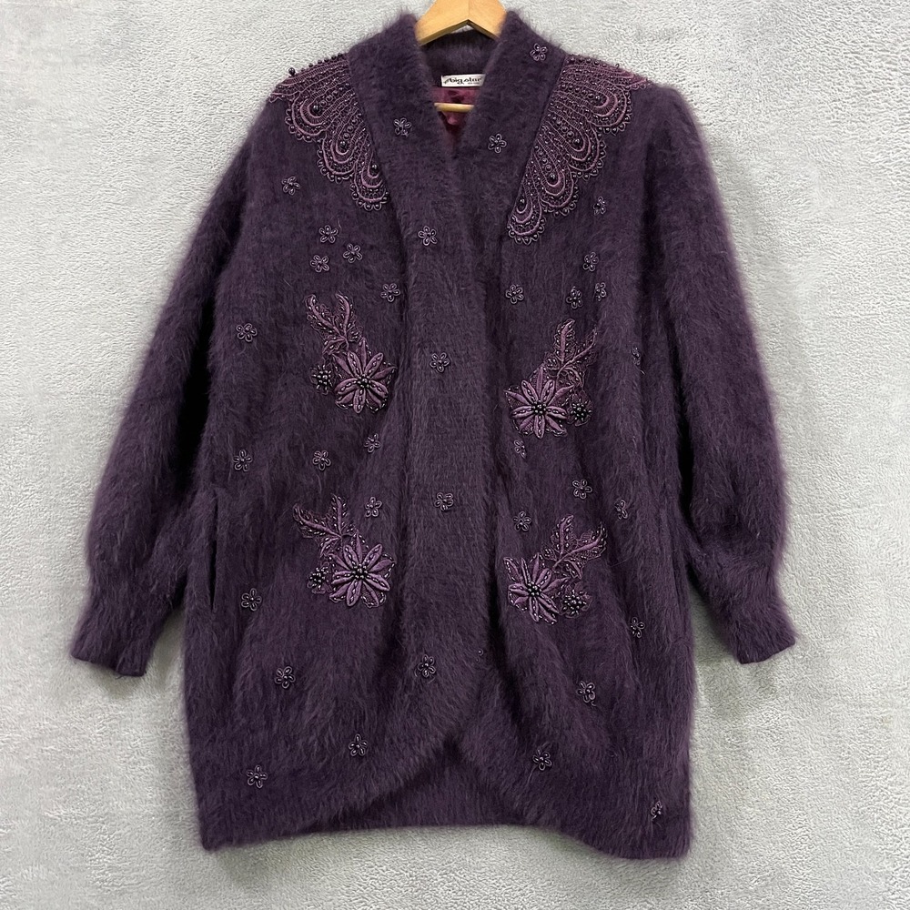 Vintage BIG STAR‎ Keo Sung Fuzzy Cardigan Angora Sweater Sequin Embroidered 90s